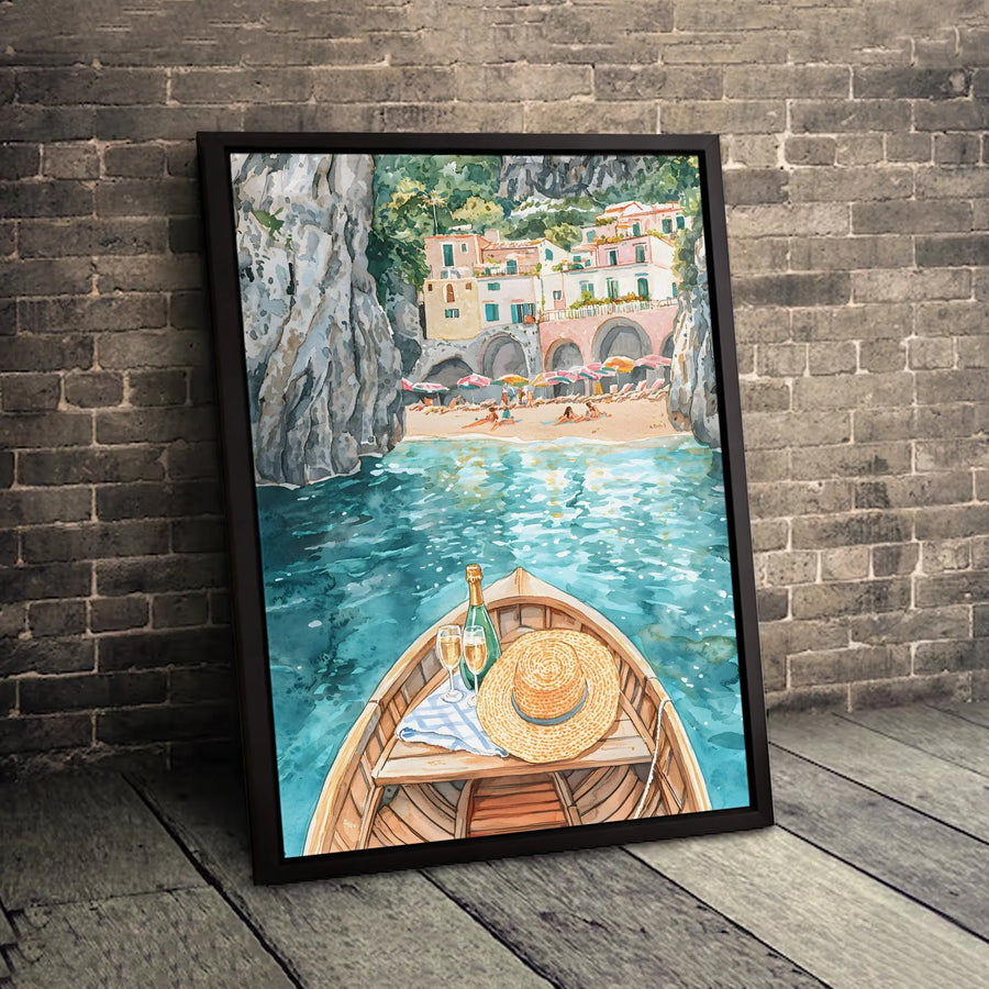 Amalfi Coast Painting Canvas | Watercolor Italian Summer Landscape | Premium Gallery Wrap Wall Art | Travel Lover Home Decor Gift