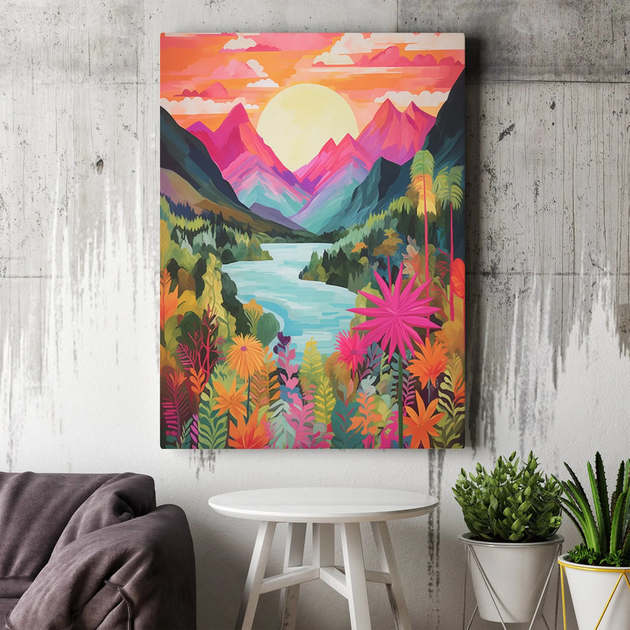 Vibrant Mountain Sunset Wall Art | Tropical River Landscape Canvas Print | Premium Gallery Wrap Decor | Colorful Nature Statement Piece