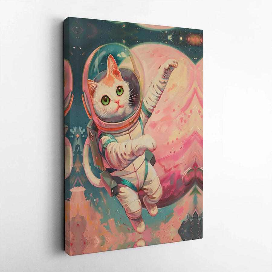 Astronaut Cat Canvas Wall Art | Whimsical Kitten in Spacesuit Painting | Premium Gallery Wrapped Canvas | Nursery Decor Funny Cat Lover Gift