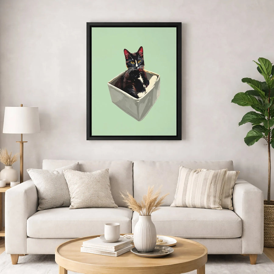 Tuxedo Cat In A Box Wall Art | Modern Minimalist Pet Portrait | Premium Fade-Resistant Canvas | Unique Gift For Cat Lovers