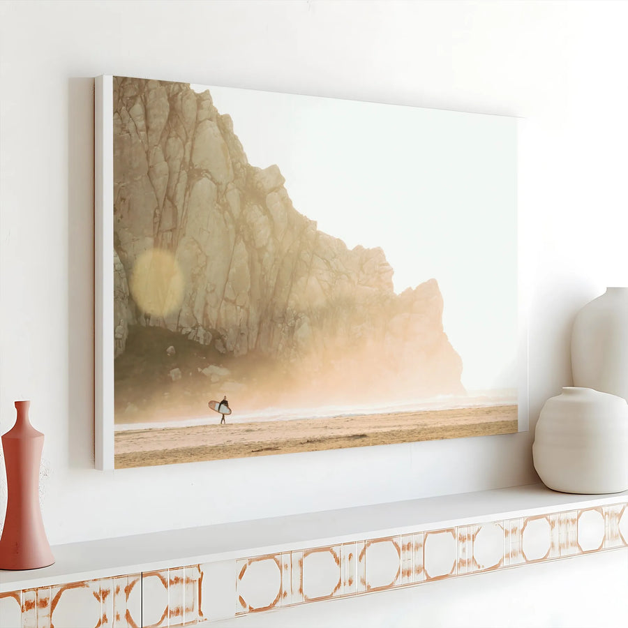 Surfer Beach Canvas Wall Art | Lone Surfer at Golden Hour Mist | Premium Gallery Quality Print | Boho Coastal Home Decor Gift