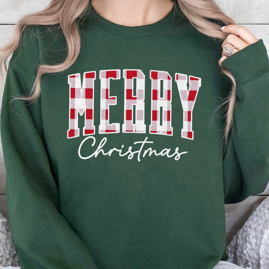 Merry Christmas Sweatshirt | Retro Buffalo Plaid Holiday Graphic | Premium Cotton Blend Unisex Pullover | Festive Winter Gift For Men And Women