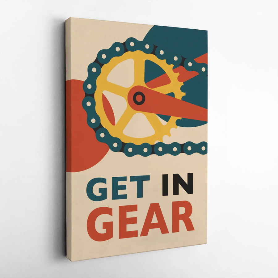Cycling Wall Art Canvas | Get In Gear Bicycle Chain Print | Premium Gallery Wrap Decor | Motivational Sports Gift For Cyclists