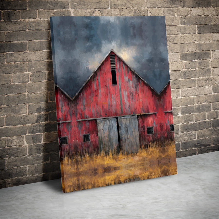 Rustic Red Barn Canvas Wall Art | Impressionist Farmhouse Painting | Premium Stretched Canvas | Country Living Room Decor Gift