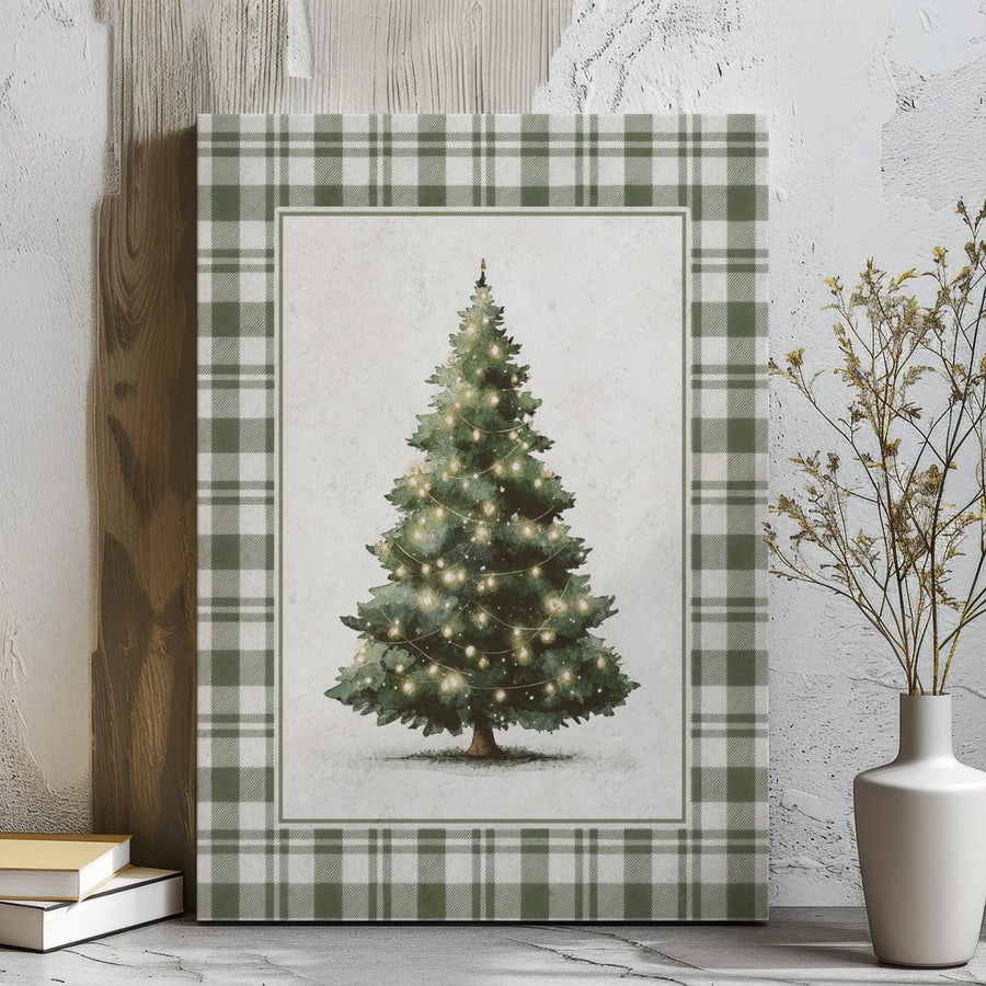 Christmas Tree Canvas Wall Art | Rustic Green Plaid Border Design | Premium Gallery Wrap Print | Farmhouse Holiday Home Decor Gift