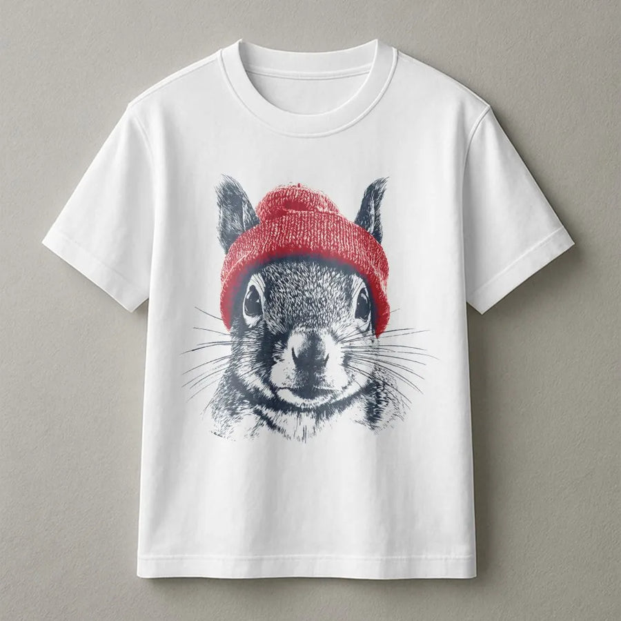 Squirrel T-Shirt | Cute Animal Wearing Red Beanie Design | Premium Soft Cotton | Funny Wildlife Gift For Nature Lovers