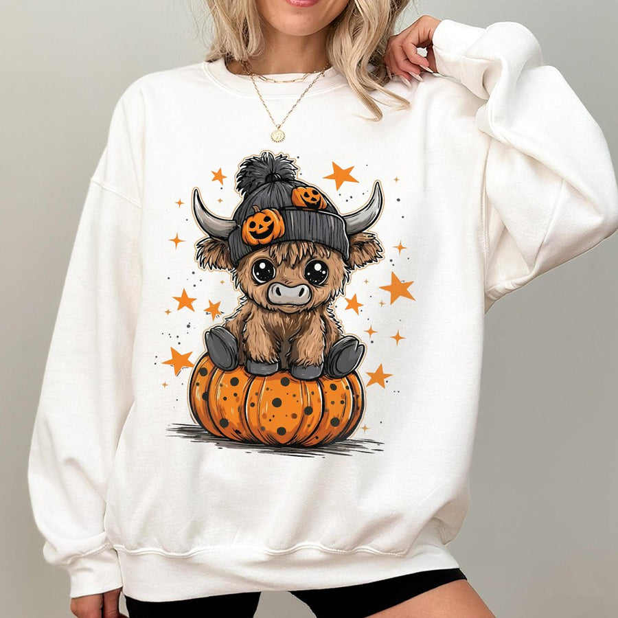 Highland Cow Halloween Sweatshirt | Cute Pumpkin Witch Hat Graphic | Premium Cotton-Poly Blend | Cozy Fall Apparel Gift for Women & Kids