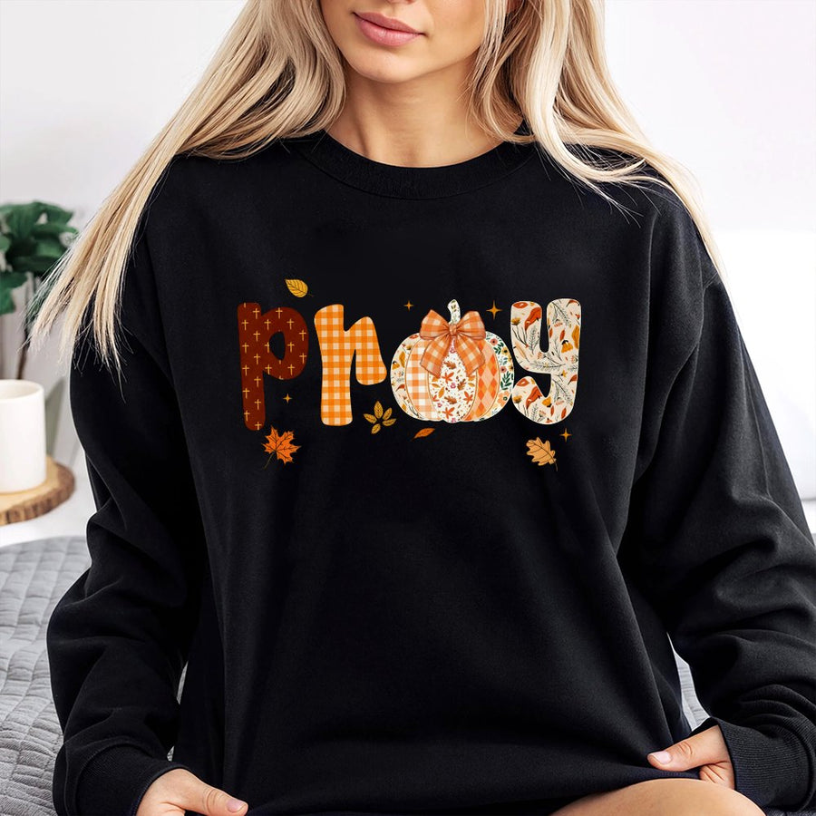 Pray Fall Pumpkin Sweatshirt | Colossians 4:2 Scripture Graphic | Cozy Cotton Blend Unisex Crewneck | Christian Faith Autumn Gift for Women