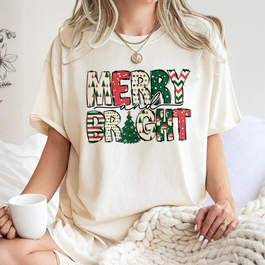 Merry and Bright Christmas T-Shirt | Festive Pattern Lettering Graphic Tee | Premium 100% Cotton Holiday Apparel | Cute Winter Gift for Women