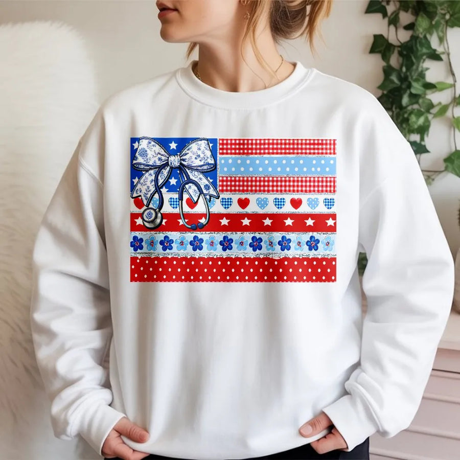 Patriotic Nurse Sweatshirt | American Flag Coquette Bow Graphic | Soft Cotton Blend Sweatshirt | 4th of July Gift for RN LPN