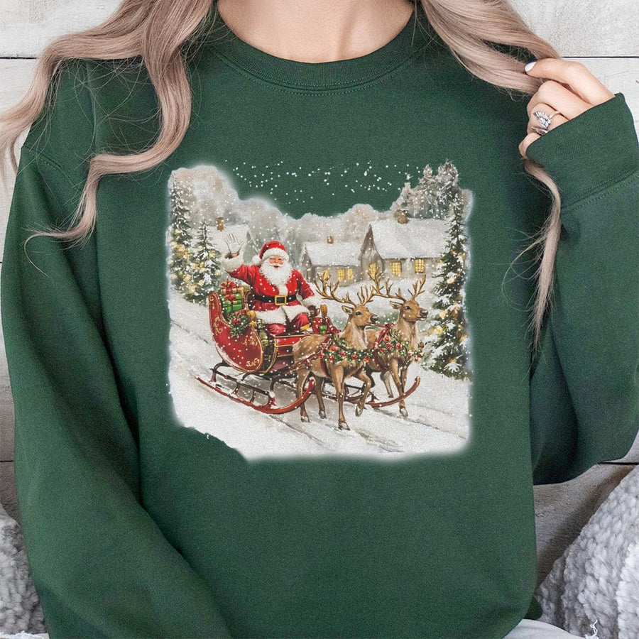 Vintage Santa Sweatshirt | Nostalgic Sleigh and Reindeer Graphic | Premium Cotton Blend | Holiday Gift for Christmas Lovers