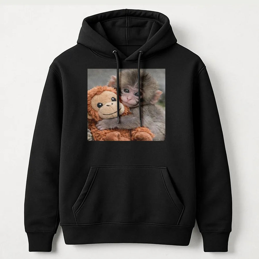 Baby Monkey Hoodie | Cute Monkey Hugging Plushie Graphic | Cozy Cotton-Blend Sweatshirt | Premium Gift for Animal Lovers