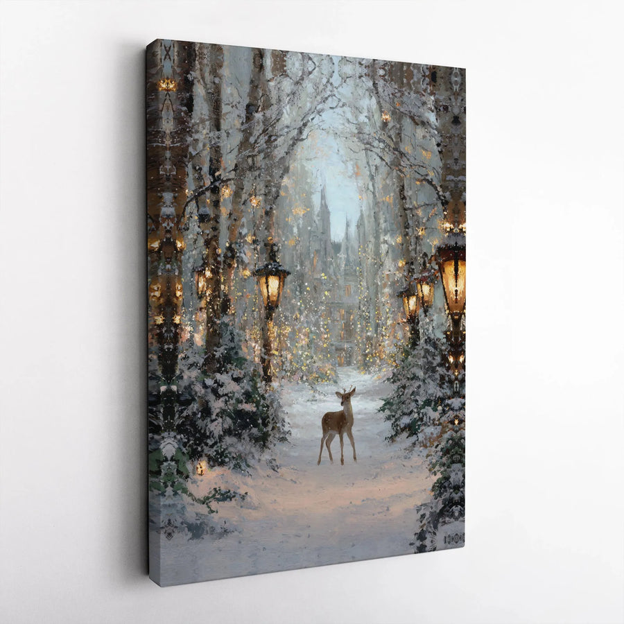 Winter Forest Deer Canvas Wall Art | Snowy Castle Landscape Print | Premium Gallery Wrap Decor | Enchanting Holiday Home Gift