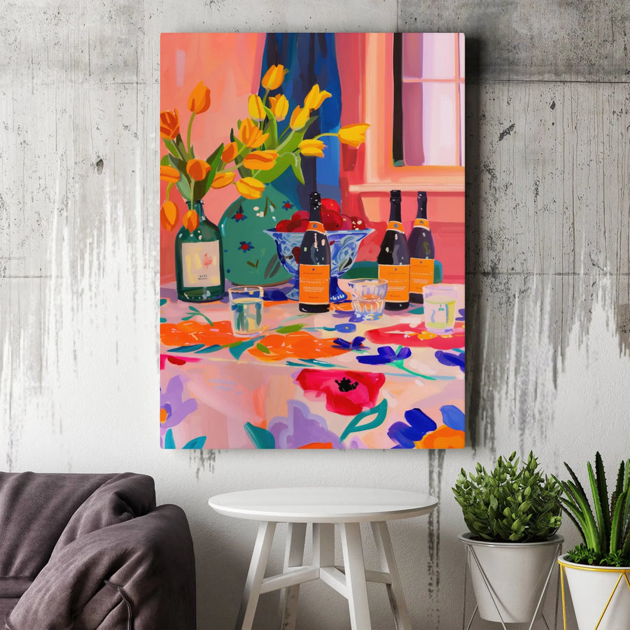 Colorful Still Life Canvas Print | Modern Tulip And Wine Art | Gallery-Quality Fade-Resistant Decor | Aesthetic Kitchen Dining Wall Art