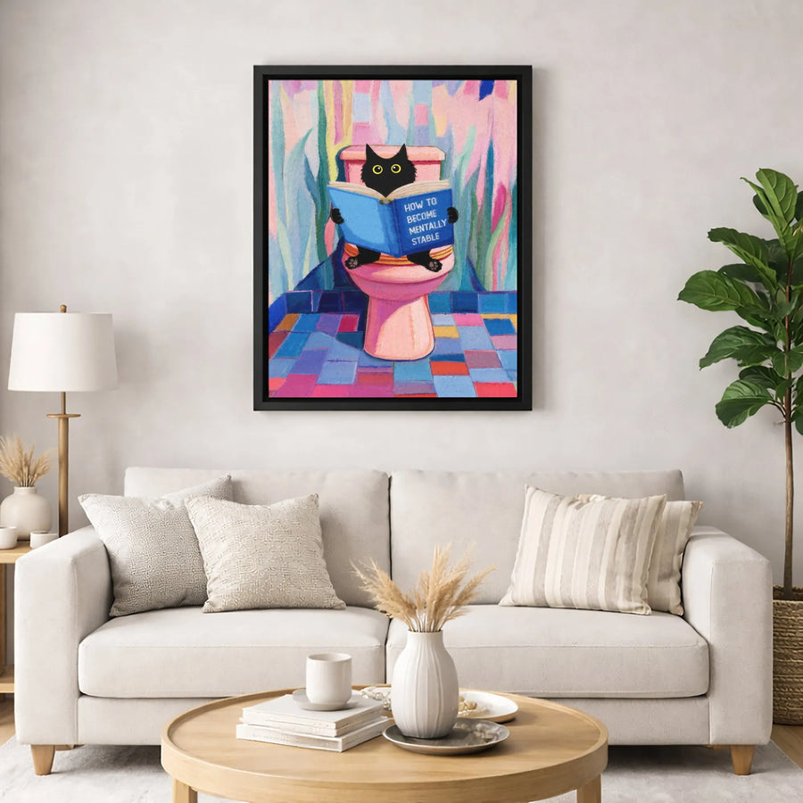 Funny Black Cat Reading Book Wall Art | How To Become Mentally Stable Print | Premium Gallery Wrapped Canvas | Quirky Bathroom Decor Gift