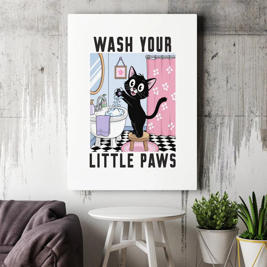 Wash Your Little Paws Cat Wall Art | Cute Black Cat Bathroom Decor | Gallery Wrapped Premium Canvas | Funny Kitten Gift for Cat Lovers
