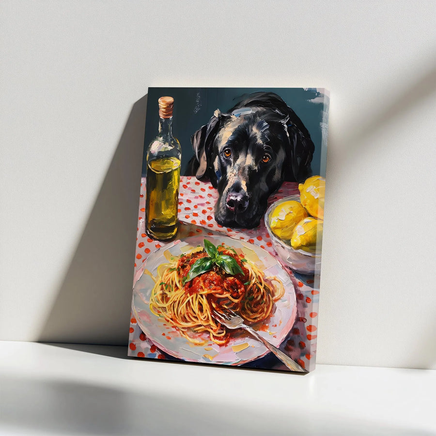 Funny Black Lab Spaghetti Canvas Print | Colorful Italian Kitchen Painting | Premium Gallery Wrapped Canvas | Gift for Dog Lover & Chef