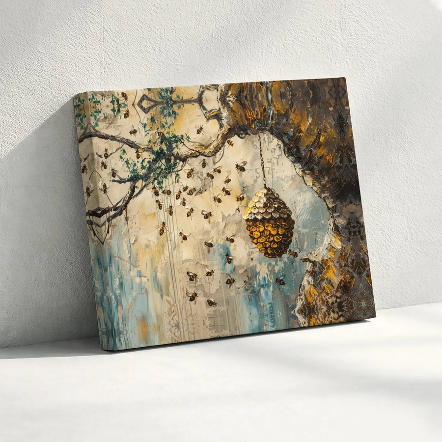 Honey Beehive Horizontal Canvas | Textured Impasto Style Wild Bee Tree Art | Premium 1.25 Inch Stretched Gallery Wrap | Rustic Nature Lover Home Gift