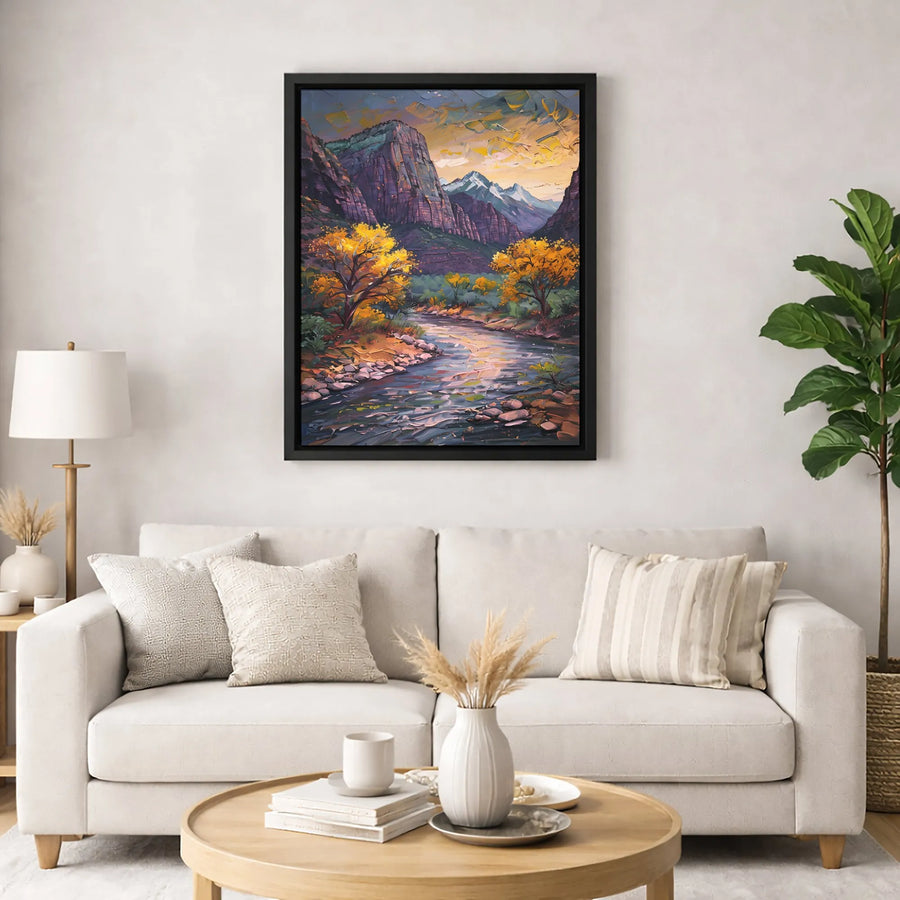 Mountain River Landscape Canvas Art | Impasto Autumn Scenery Painting | Premium Gallery-Wrapped Print | Nature Home Decor Gift