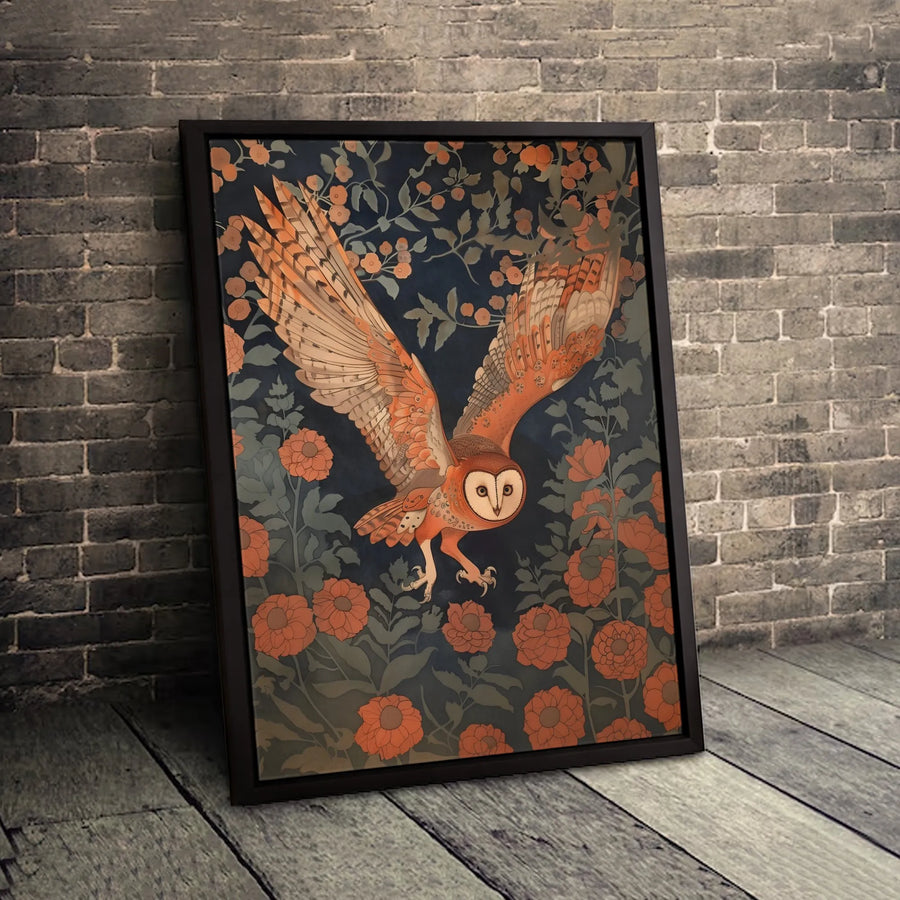 Barn Owl Wall Art Canvas | Art Nouveau Floral Bird Print | Premium Gallery-Wrapped Decor | Nature Lover Gift for Living Room