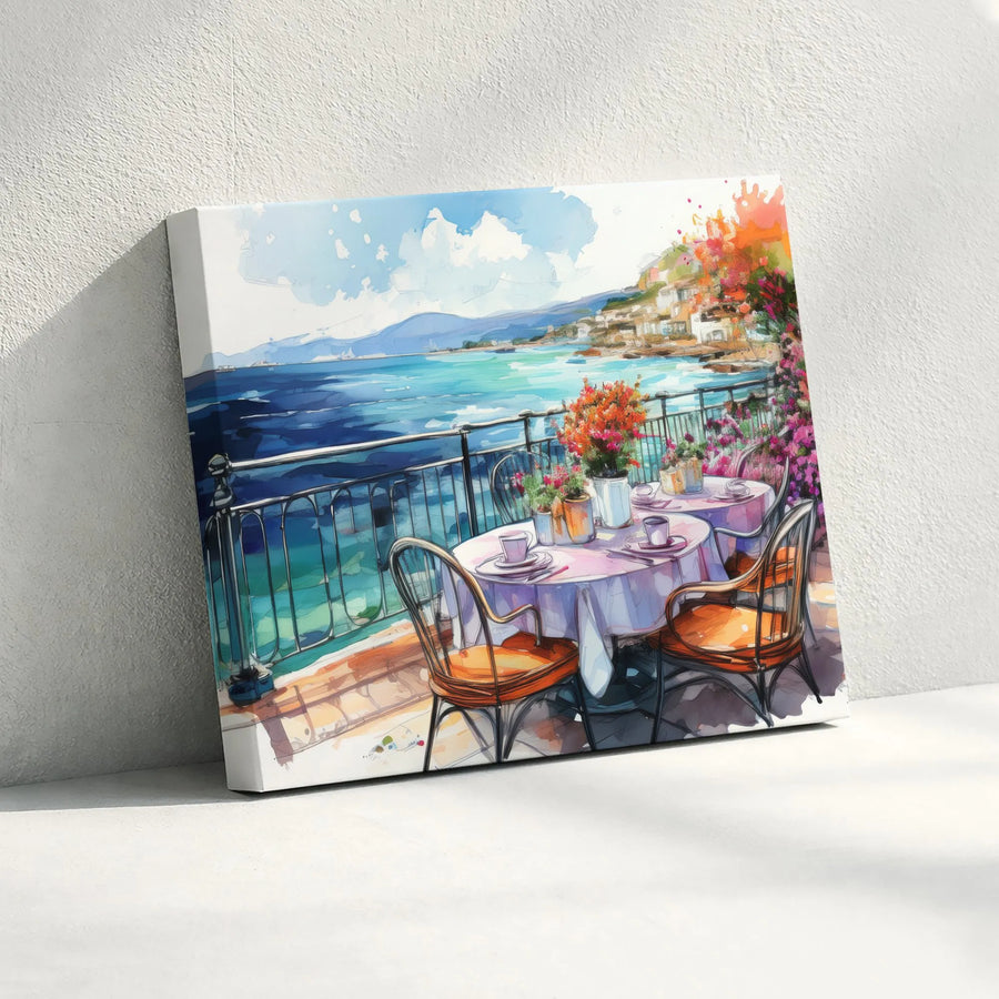 Mediterranean Cafe Canvas Wall Art | Watercolor Coastal Balcony Scene | Premium 1.25-Inch Gallery Wrap | Italian Riviera Home Decor Gift