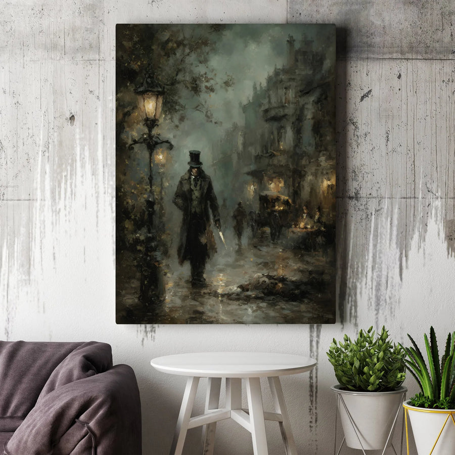 Victorian London Canvas Art | Foggy Cobblestone Street Silhouette | Premium Fade-Resistant Print | Moody Dark Academia Home Decor