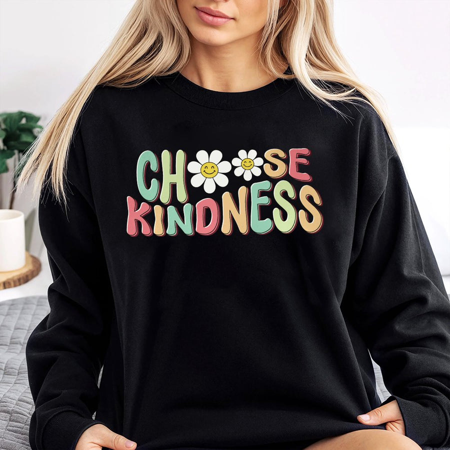Choose Kindness Sweatshirt | Retro Smiley Face Floral Graphic | Premium Cotton Blend | Inspirational Teacher Gift Back To School Crewneck