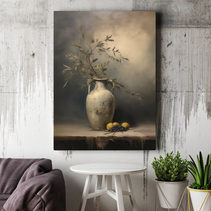 Still Life Canvas Art | Olive Branch and Lemon Vase Painting | Premium Gallery Wrap Wall Decor | Farmhouse Kitchen Living Room Gift