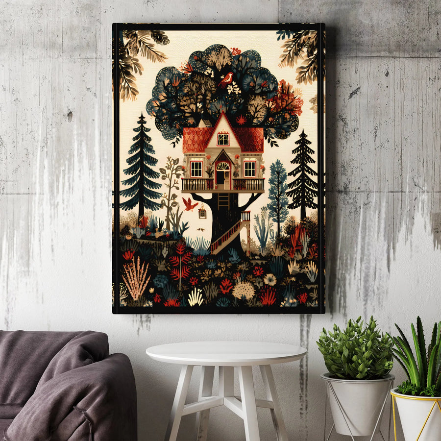 Whimsical Treehouse Canvas Wall Art | Enchanted Woodland Illustration | Premium Canvas Print | Nursery Decor Gift for Nature Lover