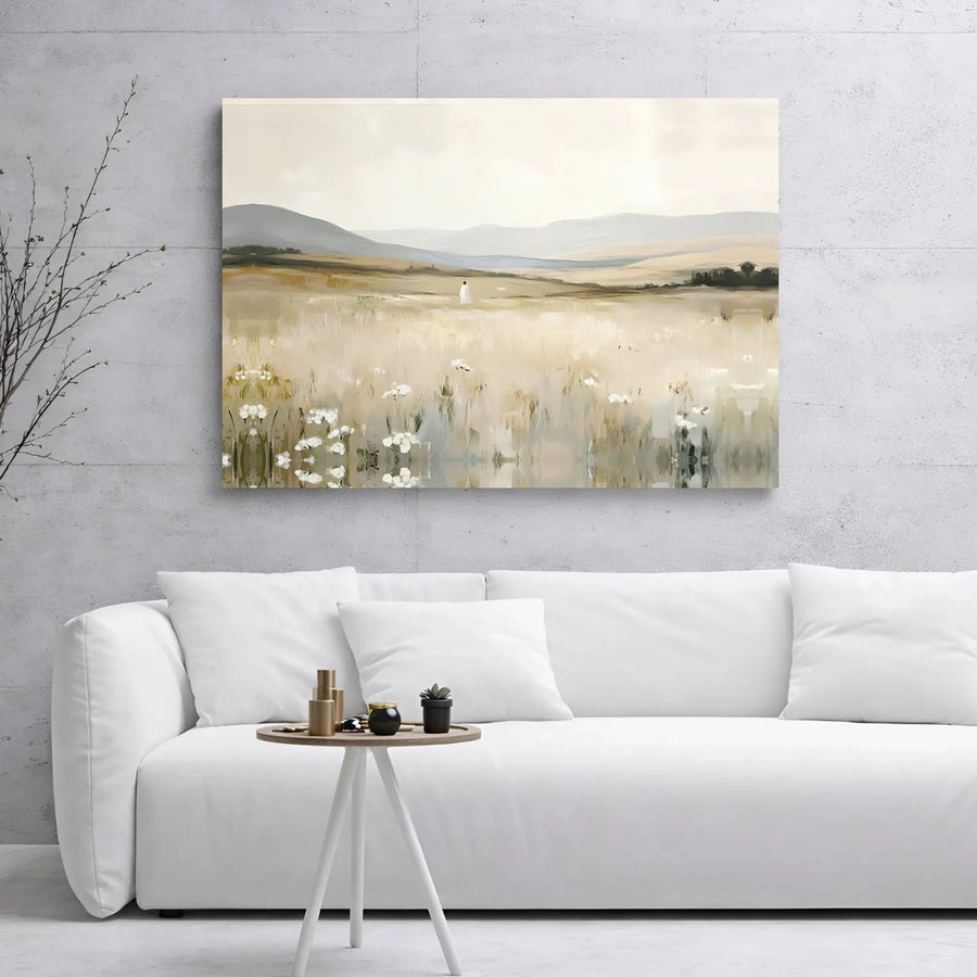 Jesus Walking in Field Landscape Canvas | Soft Neutral Meadow Wall Art | Premium Gallery Wrap Print | Serene Christian Home Decor Gift