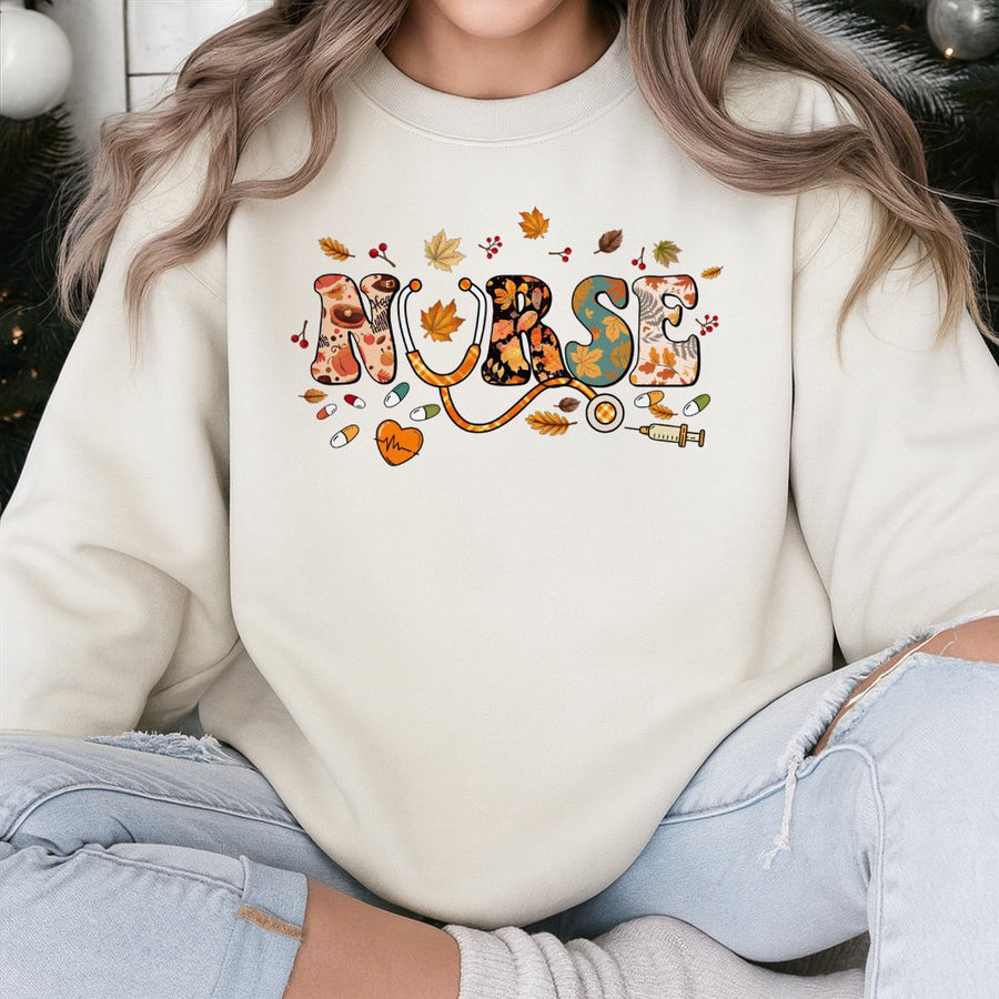 Nurse Sweatshirt | Autumn Leaves Stethoscope Design | Cotton-Poly Blend | Cute Fall Medical Gift for Registered Nurses and Nursing Students
