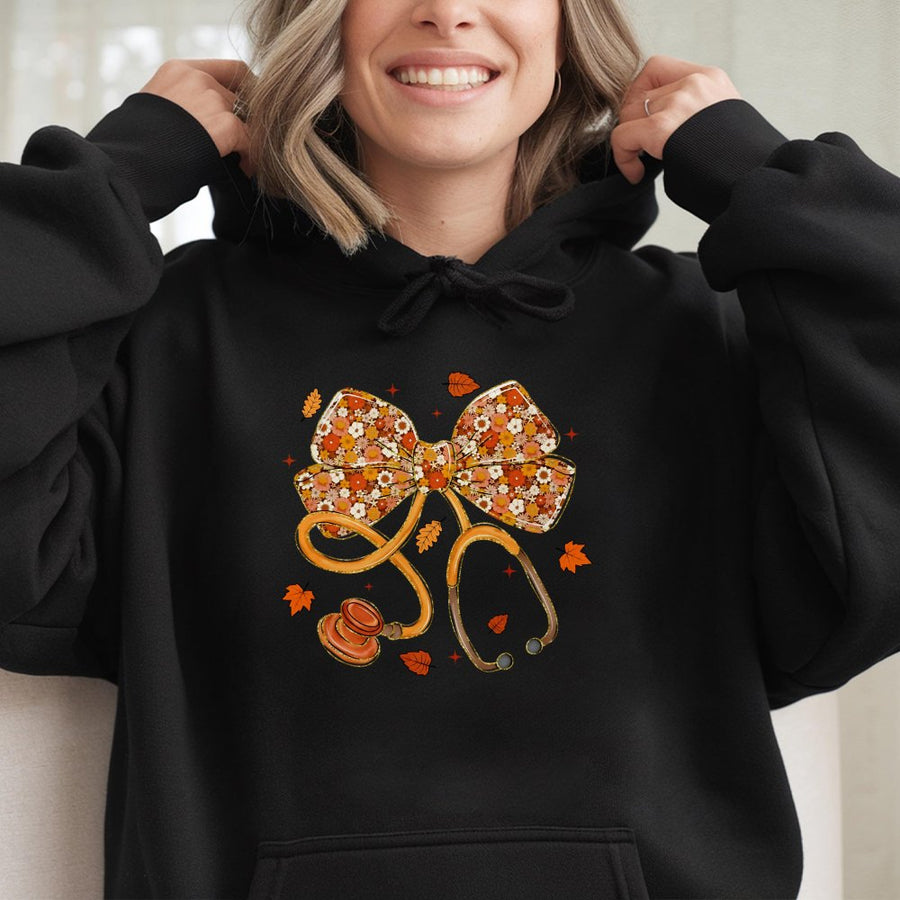 Nurse Stethoscope Hoodie | Fall Floral Bow Graphic | Premium Cotton Blend | Gift for Nursing Student & Healthcare Professional