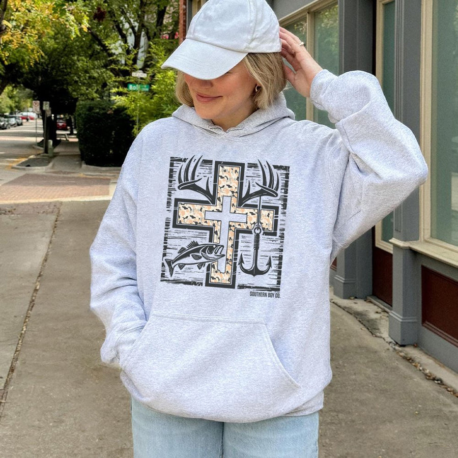 Hunting And Fishing Cross Hoodie | Camo Deer Antler Design | Premium Cotton Blend | Gift For Outdoor Enthusiasts Outdoorsman Apparel