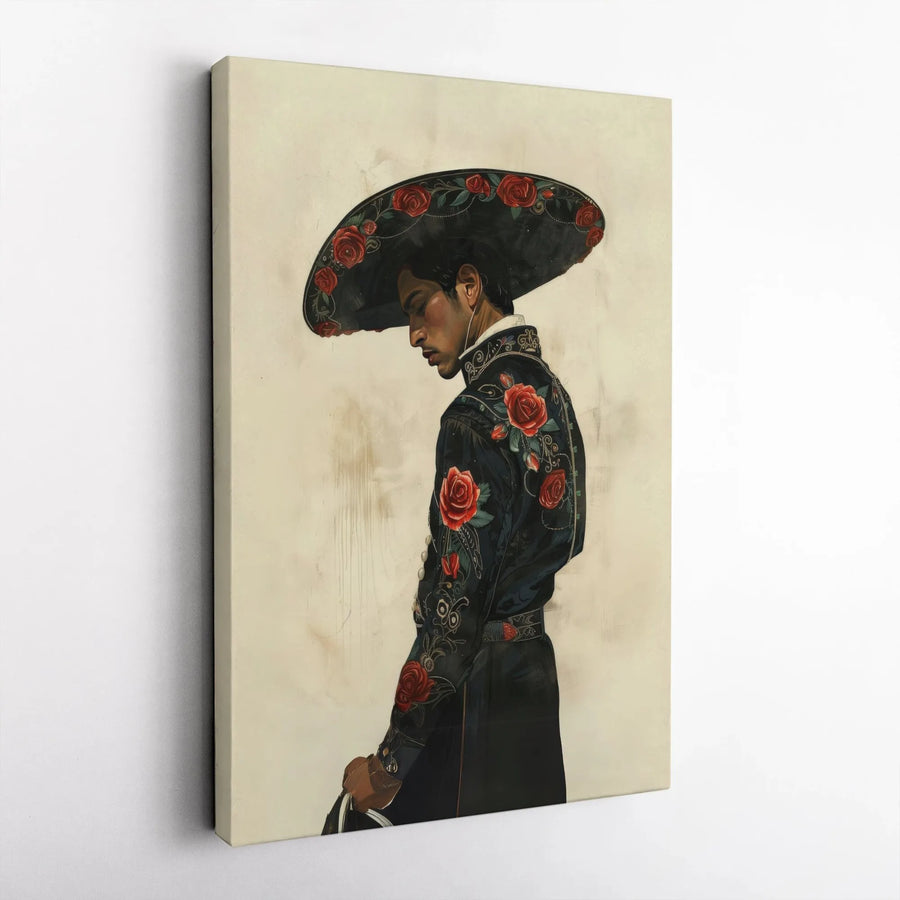 Mexican Charro Canvas Wall Art | Floral Mariachi Sombrero Portrait | Gallery-Quality Premium Print | Cultural Home Decor Gift