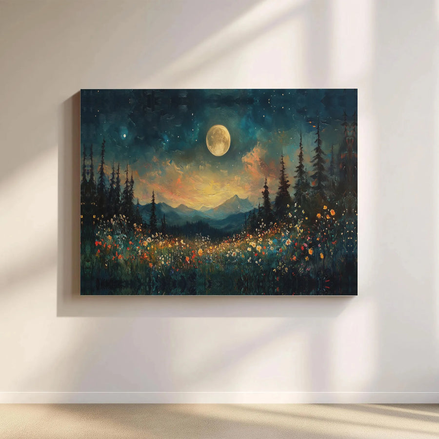 Moonlit Wildflower Meadow Canvas Art | Celestial Forest & Mountain Landscape | Premium Gallery Wrapped Canvas | Boho Living Room Decor Gift