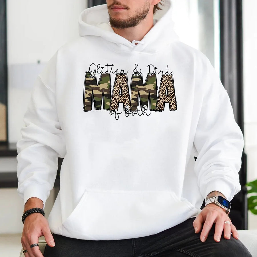 Mama of Both Hoodie | Glitter & Dirt Leopard and Camo Print | Soft Cotton Tee | Cute Boy and Girl Mom Gift