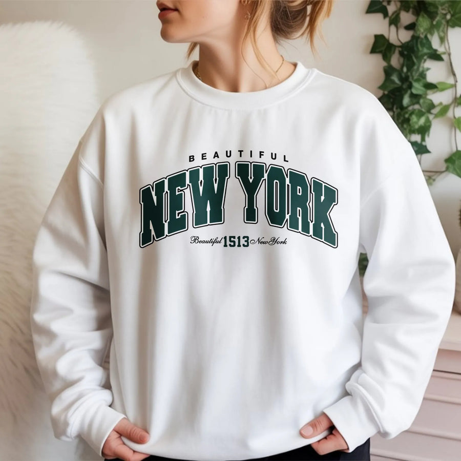 New York Sweatshirt | Varsity Letter Graphic Print | Premium Cotton Blend | Unisex Crewneck Gift for NYC Lovers