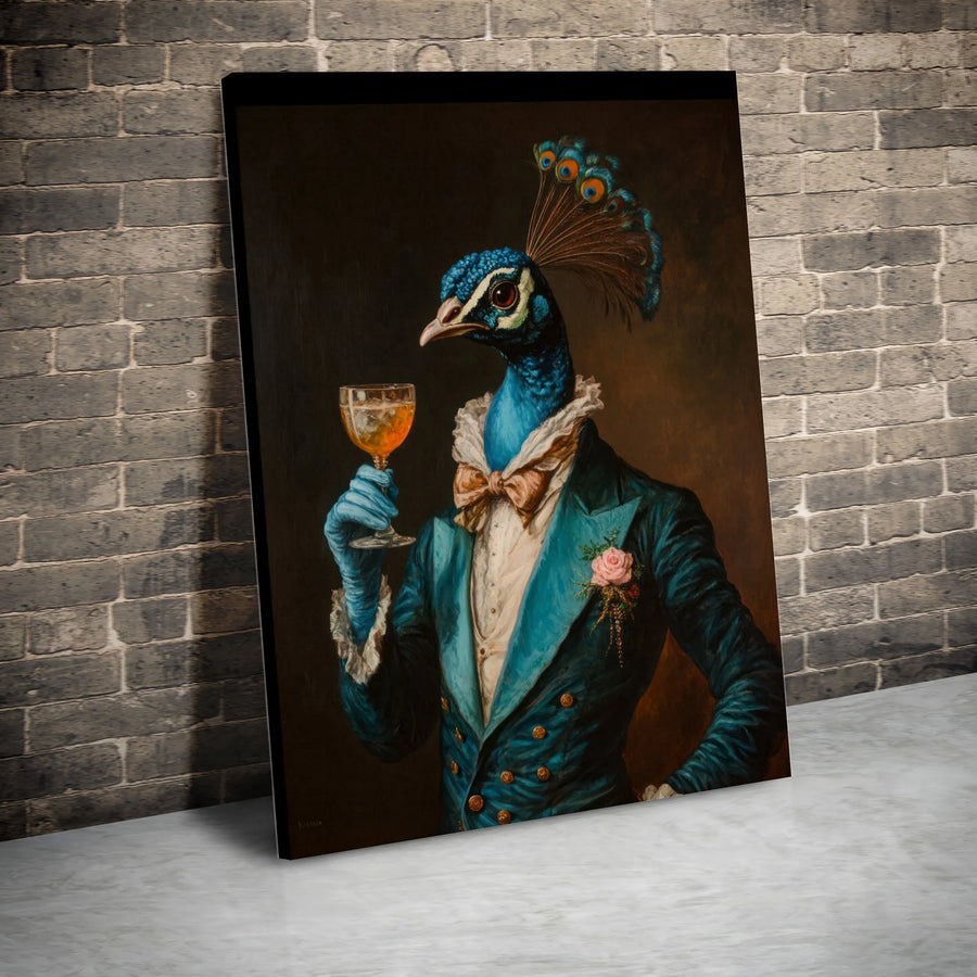 Dapper Peacock Wall Art | Sophisticated Animal Portrait in Blue Tuxedo | Premium Gallery-Wrap Canvas | Quirky Home Office Decor Gift