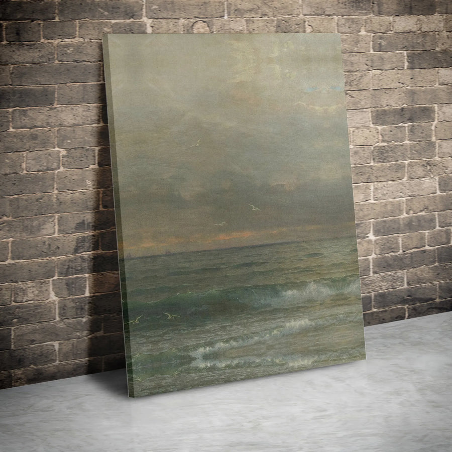 Vintage Seascape Canvas Wall Art | Moody Ocean Painting Print with Seagulls | Premium Frameless Canvas | Living Room Decor Collector's Gift