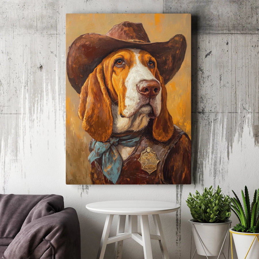 Basset Hound Cowboy Wall Art | Sheriff Dog Oil Painting Style | Premium Gallery Wrap Canvas | Unique Western Home Decor Gift for Dog Lovers