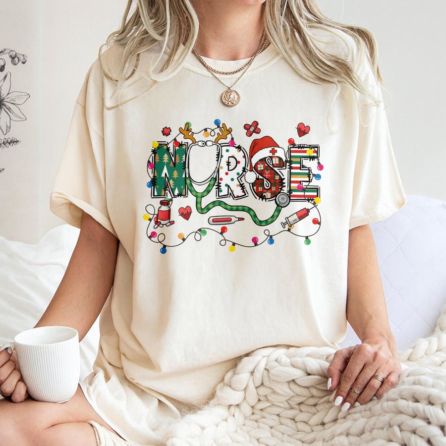 Christmas Nurse T-Shirt | Festive Stethoscope Holiday Design | 100% Cotton Premium Tee | Unique Gift for Registered Nurses and Nursing Students