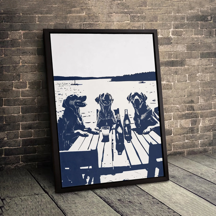 Labrador Dog Beer Canvas Print | Stylized Lake Dock Art | 1.25 Inch Gallery Wrap | Funny Pet Lover Wall Decor Gift
