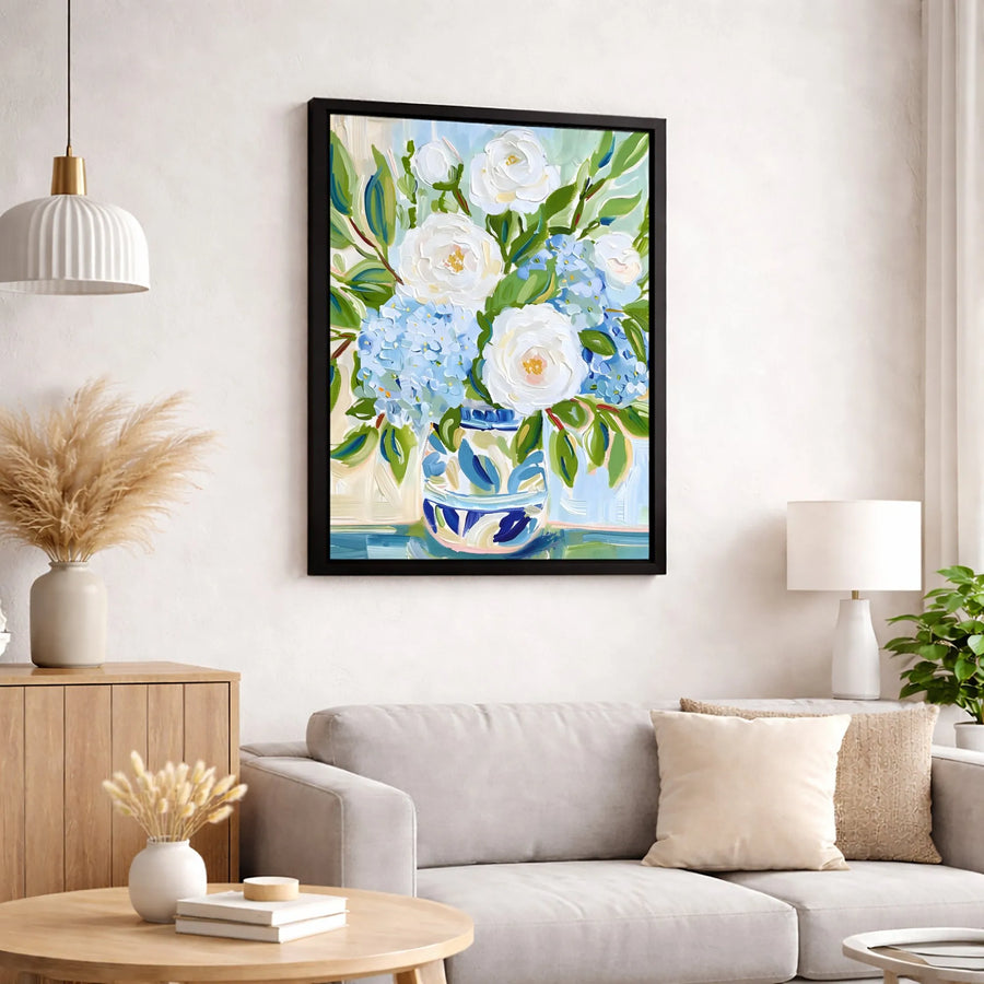 Blue Hydrangea and White Peony Wall Art | Impressionist Floral Bouquet Print | 1.25" Thick Gallery Canvas | Elegant Botanical Home Decor