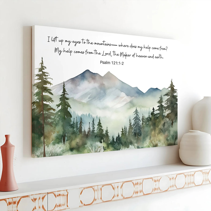 Psalm 121 Mountain Canvas Wall Art | Watercolor Bible Verse Landscape | Premium Christian Home Decor | Inspirational Faith Gift for Believers