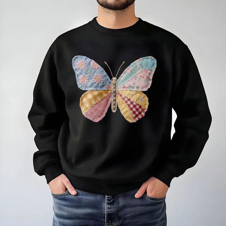 Patchwork Butterfly Sweatshirt | Faux Quilt Style Graphic Tee | Soft Cotton Shirt | Cottagecore Spring Gift for Women
