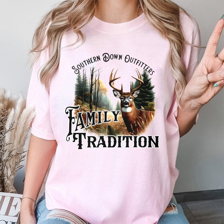 Hunting T-Shirt Family Tradition | Majestic Buck Wildlife Graphic | Premium 100% Cotton Apparel | Gift for Deer Hunters and Outdoorsmen