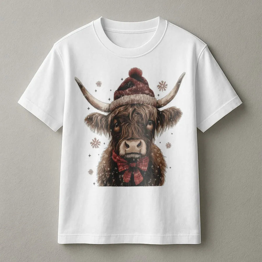 Christmas Highland Cow T-Shirt | Festive Santa Hat & Plaid Bow Graphic | Premium Soft Cotton | Cute Holiday Farmhouse Gift for Women