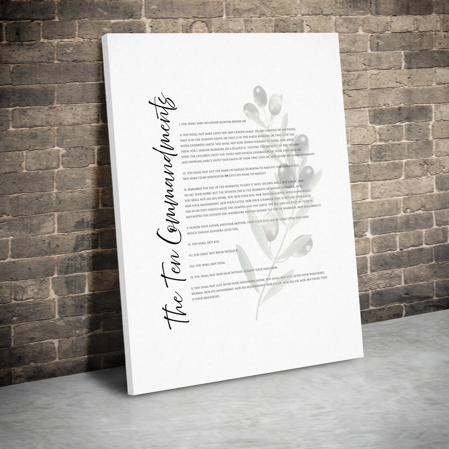 Ten Commandments Wall Art | Yahuah Elohiym Olive Branch Print | Premium Gallery Wrap Canvas | Religious Home Decor & Faithful Gift