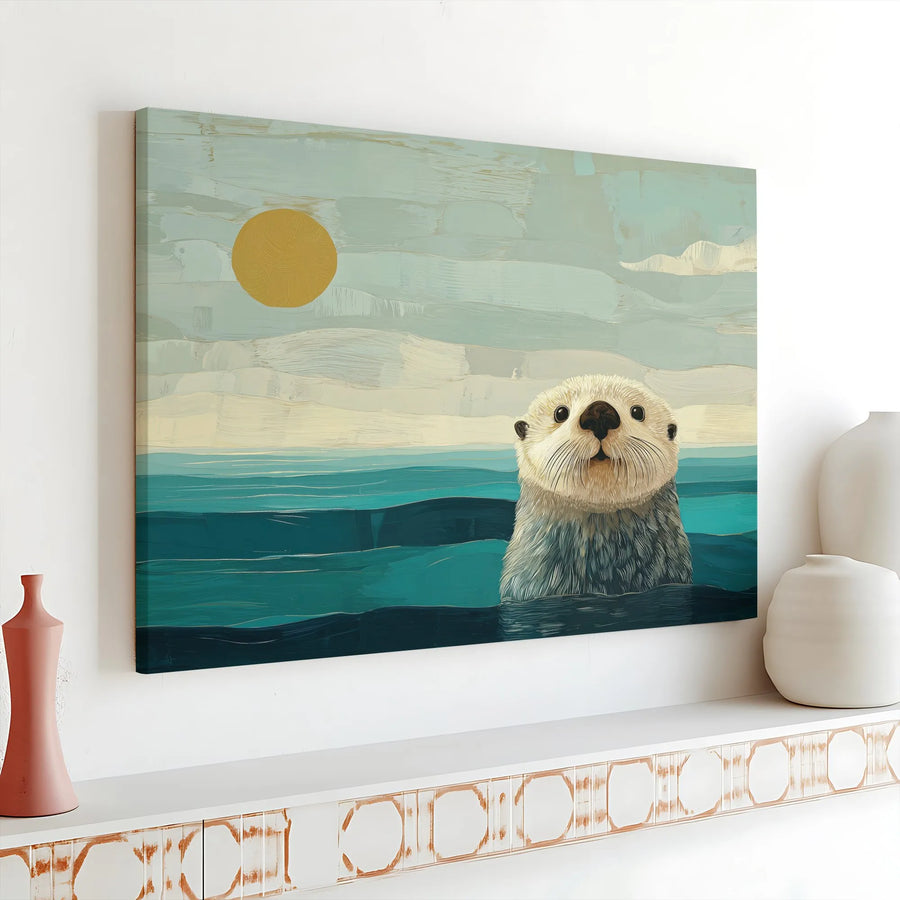 Cute Sea Otter Canvas Wall Art | Modern Coastal Animal Painting | Premium Fade-Resistant Print | Nursery Decor Gift for Animal Lovers