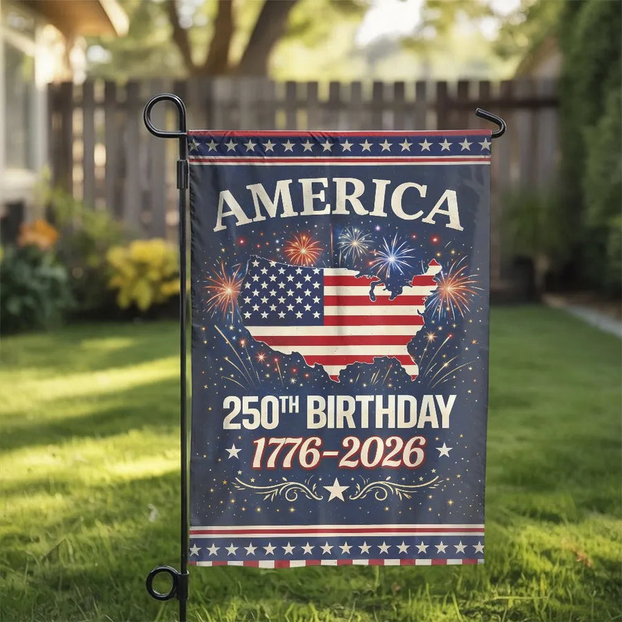 America 250th Birthday Garden Flag | 1776-2026 USA Map with Fireworks | Double Sided Polyester | Commemorative Patriotic Yard Decor Gift